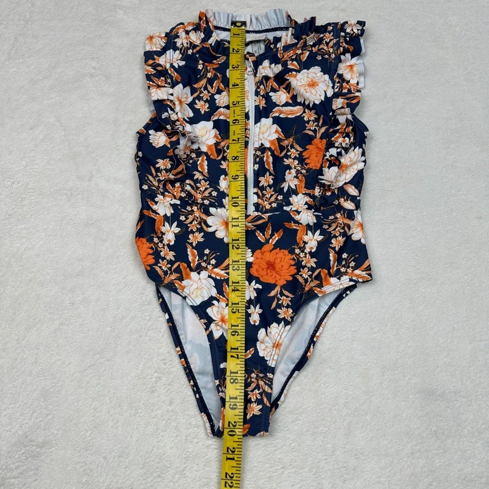 SHEIN Kids Floral One Piece Swimsuit Navy Orange Ruffle Mock Neck Zipper Size 8Y